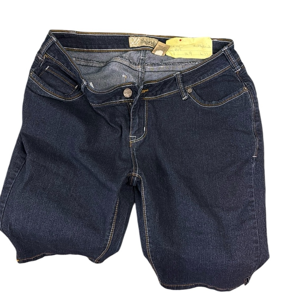 Hybrid & Company jean cut off shorts dark wash blue 5 pocket size 14 kick pleat